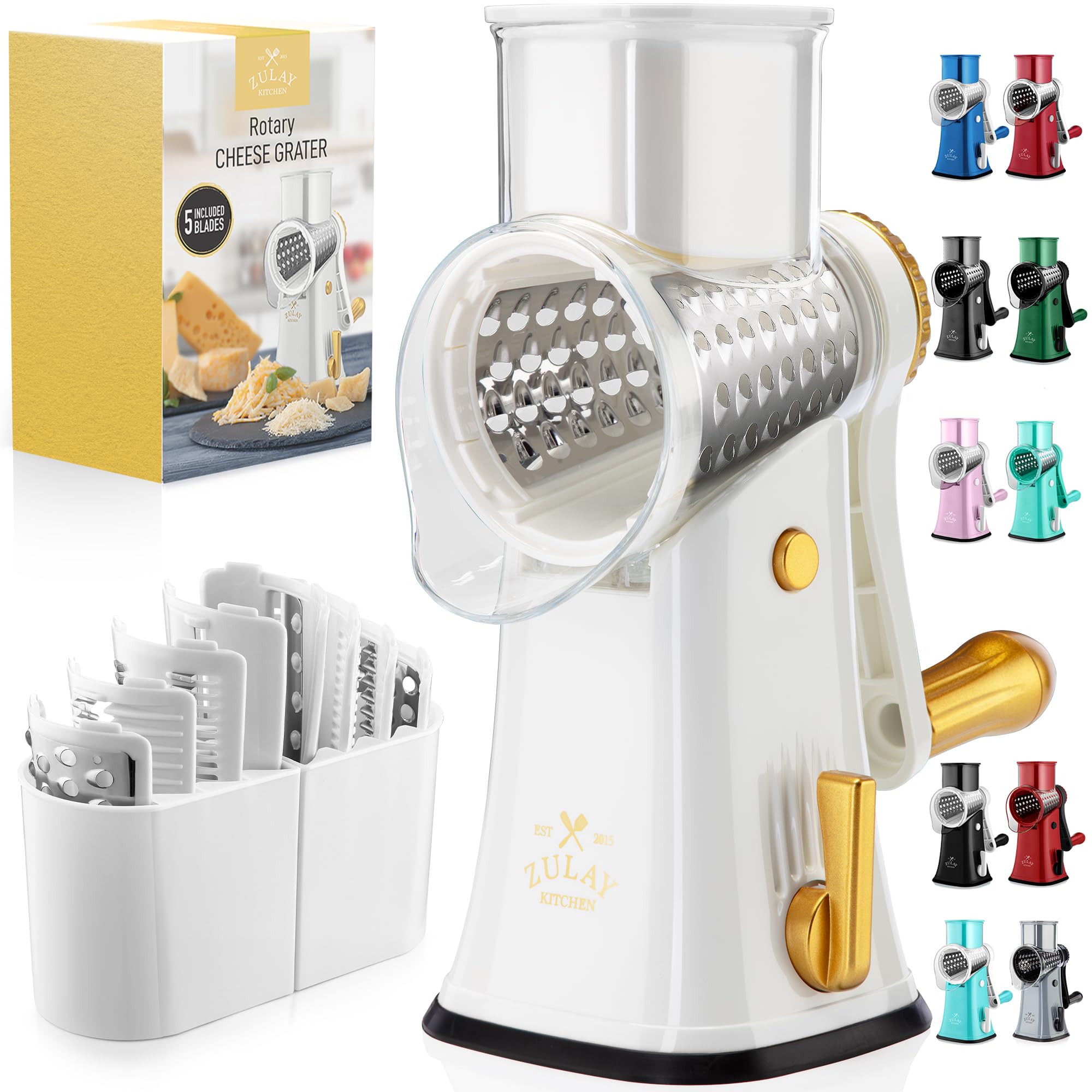 Rotary Cheese Grater Manual Hand Crank 5 Blade Shredder, White &amp; Gold
