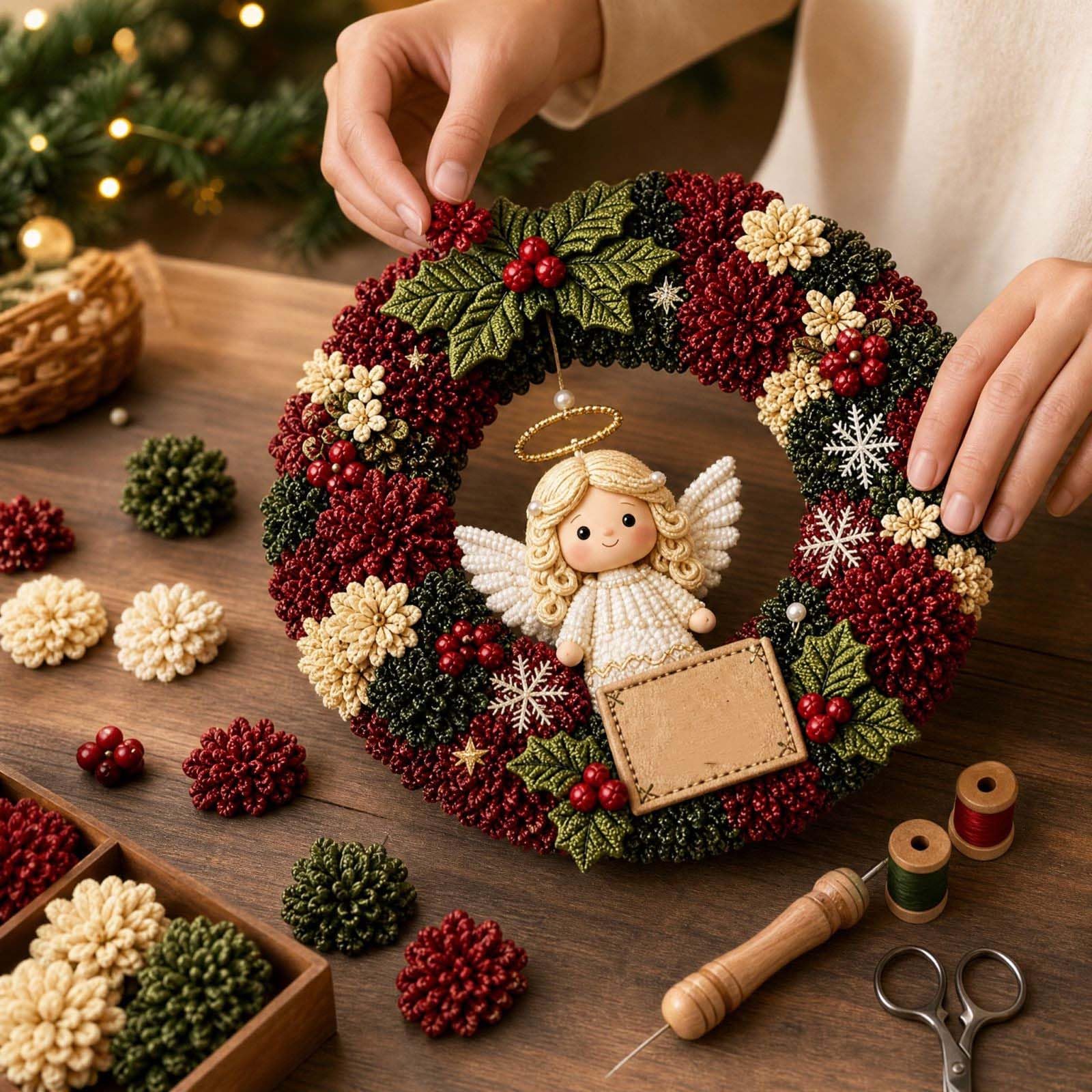 3D Fabric Poke Wreath DIY Kit, Christmas Santa Door Decor Craft (White Angel)