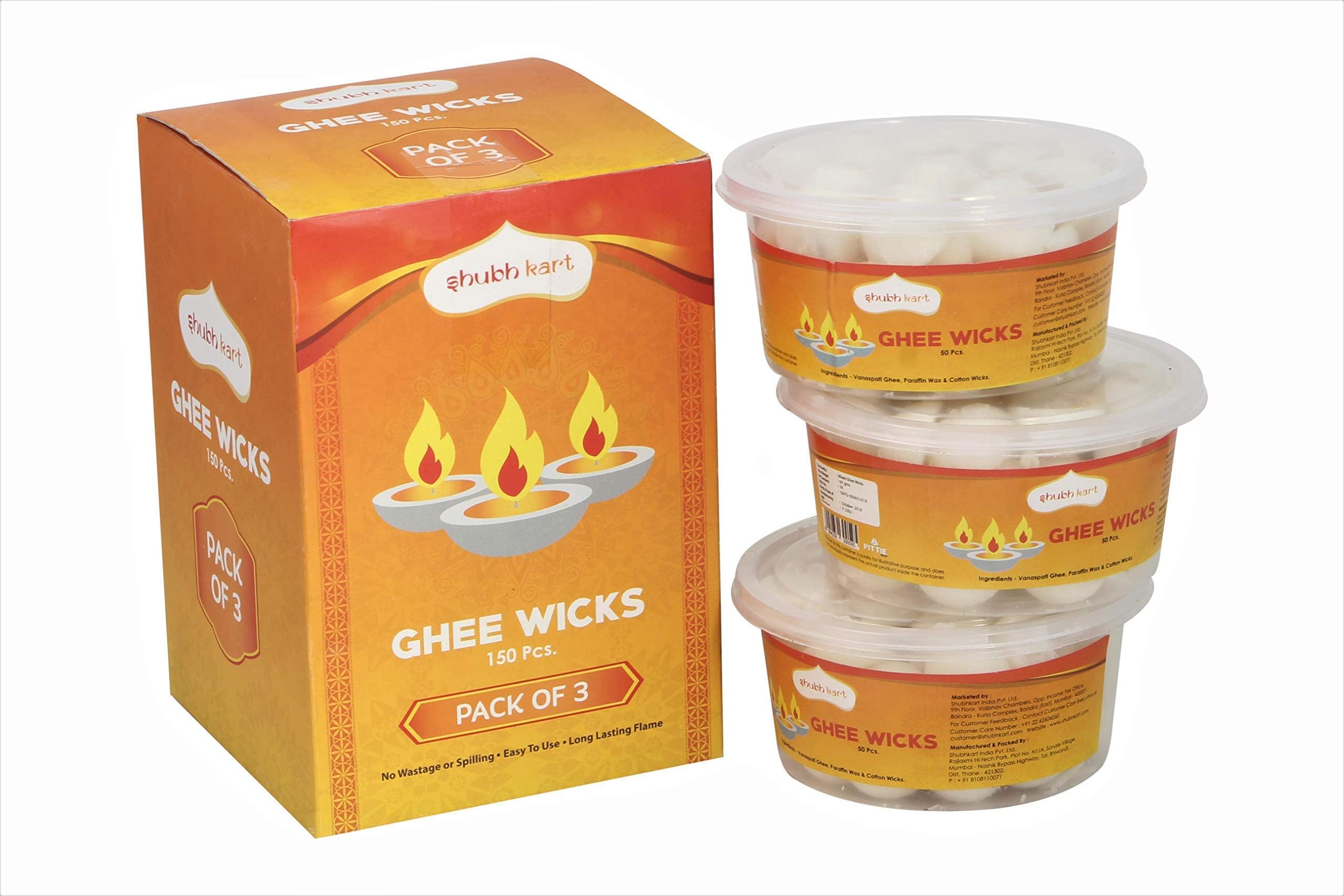 Shubhkart Readymade Ghee Wicks (Pack of 3) - 150 Pcs Total (Mixture of Ghee & Wax)