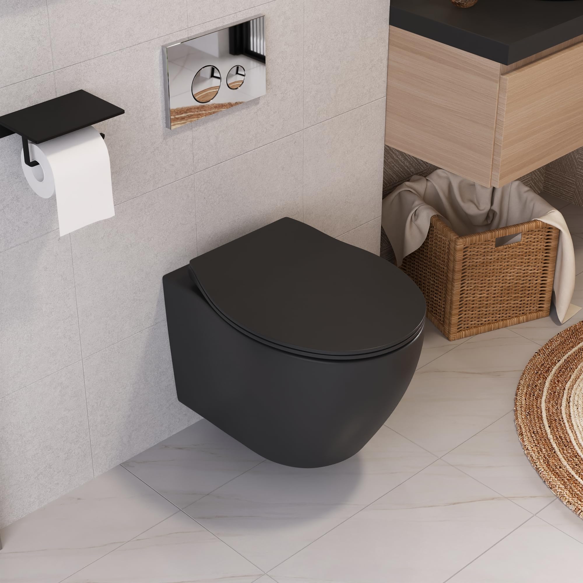 Set de inodoro de pared negro, sin bordes, con dispositivo de descenso automático, asiento silencioso, cerámica lisa, 51,5 cm en forma de D para baño de invitados