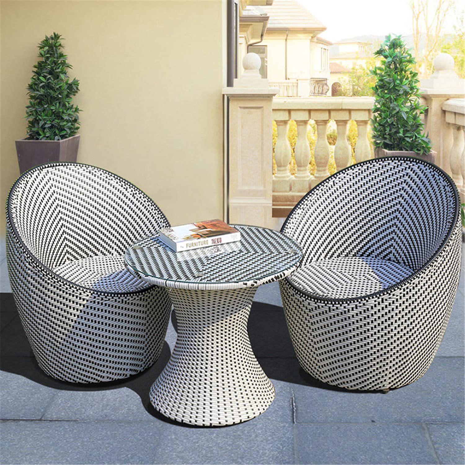 Set da bistrot in PE, set di mobili da giardino per esterni da 3 pezzi, set di mobili set da tavolo da bistrot, con 2 sedie e tavolino con piano in vetro, per giardino sul retro