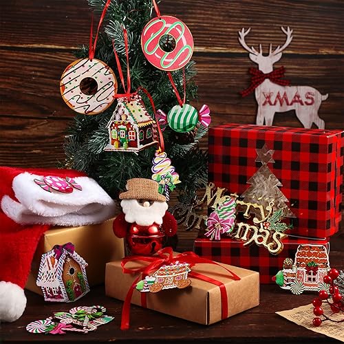 Miniatura 3 de Juego de 32 adornos para árbol de Navidad, caramelos navideños redondos, piruletas de jengibre, casa plana de jengibre, tren plano, dona, pastel