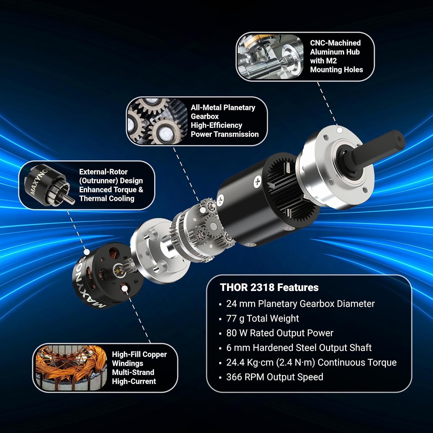 Thor 2318 Planetary Gear Brushless Motor (Outrunner), DC 15 V, 2.4 N·m (24.4 kg·cm) Torque, 24 mm Gearbox, 6 mm Shaft, for Robotics, Automation, and RC Applications (1250KV, Gear Ratio 51:1)