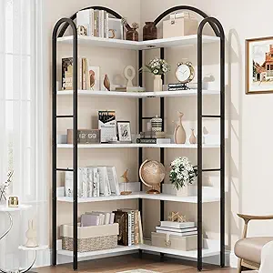 GarveeHome Corner Bookshelf Industrial Bookcase, L Shaped Bookshelf Arched 5 Tier Corner Shelf, Large Bookshelf With Metal Frame, Etagere Shelf Corner Display Rack for Living Room Bedroom