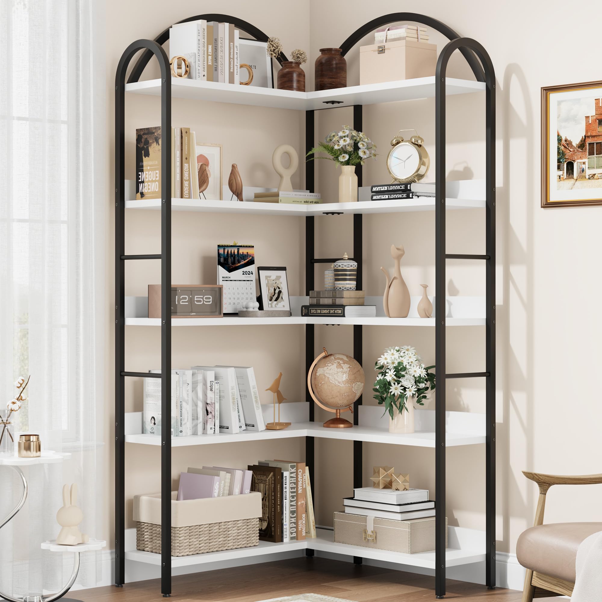 GarveeHome Arched Bookshelf Corner Bookcase, L Shaped Bookshelf Industrial Corner Bookshelves, Large Bookcase with Metal Frame, Corner Shelf Arch
