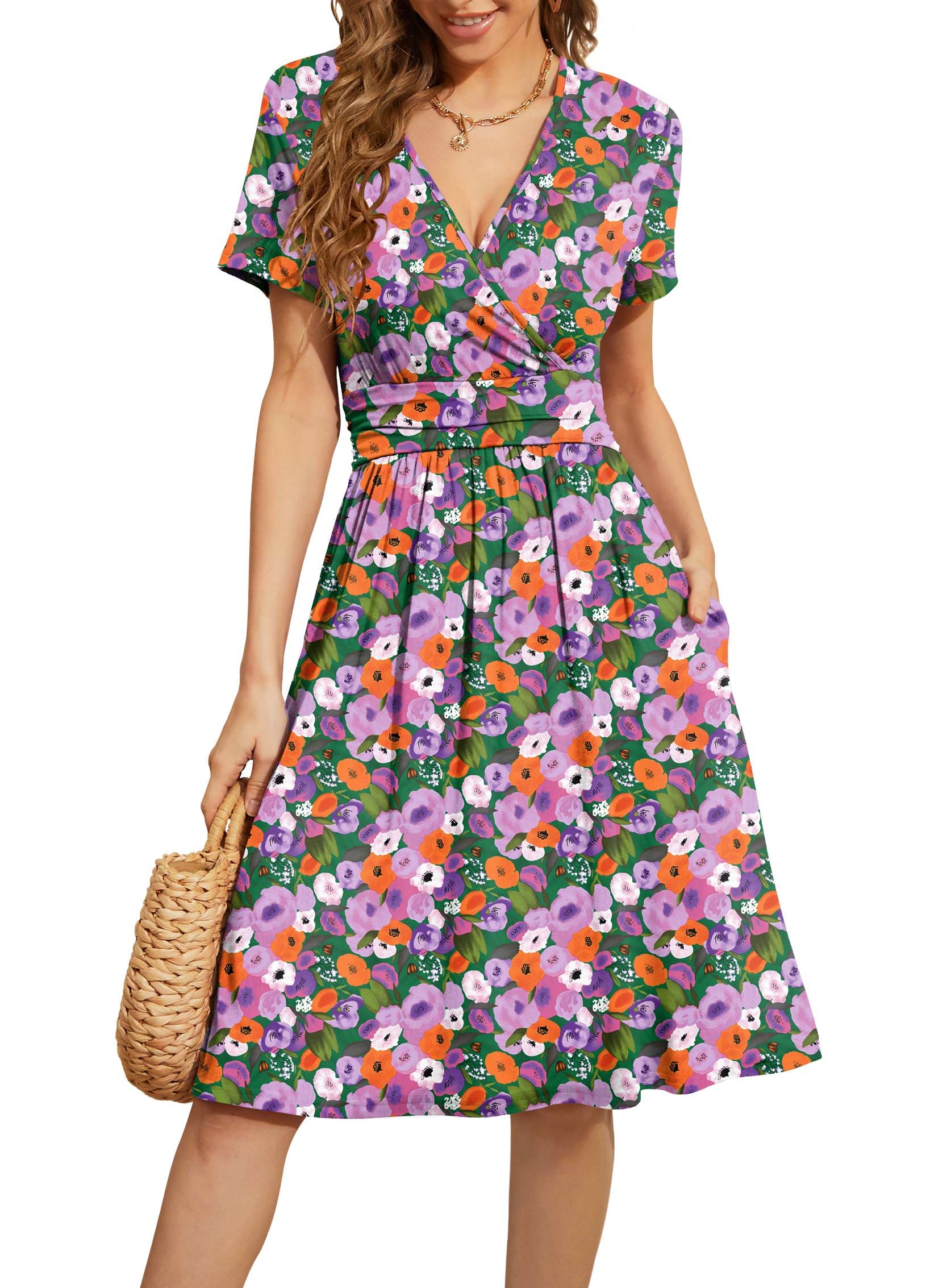 WEACZZY Women's Summer Short Sleeve Casual Dresses V-Neck Floral Party Dress with Pockets
