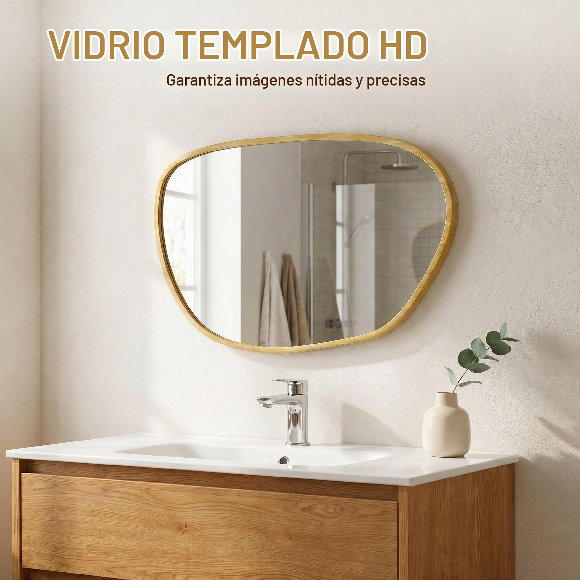 HOMCOM Espejo de baño asimétrico 90x60 cm Natural | Vidrio templado, decorativo, dormitorio, sala de estar, pasillo