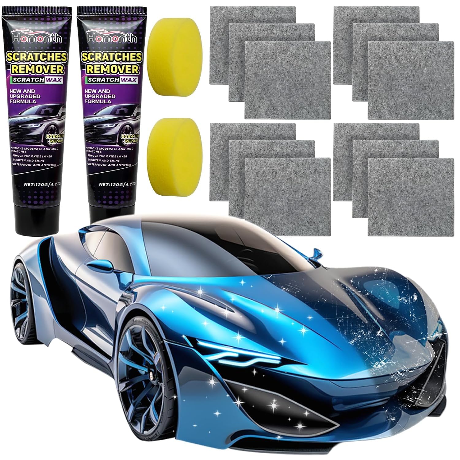 2 Pack Scratch Remover for Vehicles - Nano Sparkle Cloth Car Scratch Remover with 12 Pcs Nanosparkle & 2 Pcs Sponge, Car Scuff Repair Polishing Wax
