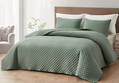 Miniatura 2 de Chezmoi Collection Teo - Juego de edredón de 3 piezas, tamaño King, color salvia, con puntada de diamante, lavado a la piedra, súper suave y ligero,