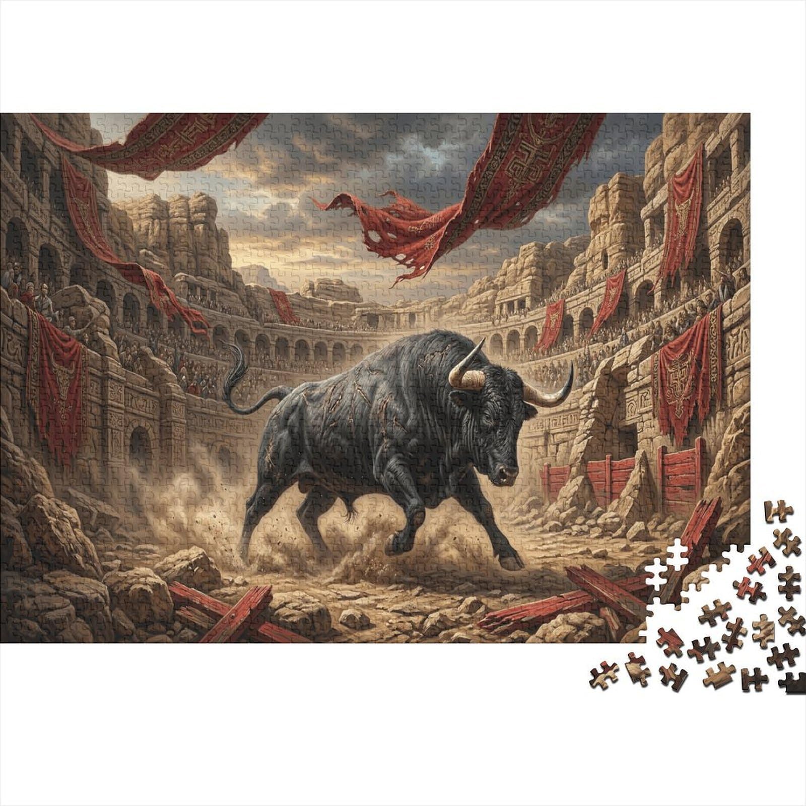 Spanish Bullring 1000 Pcs Recycled Cardboard DIY Jigsaw Puzzle Black Bull Gift Couples Date Night Cognitive Stimulation Group Activity 52x38cm/1000pcs