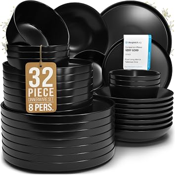 32 Piece Black Dinnerware Sets for 8, Handmade Black Plates and Bowls Set
