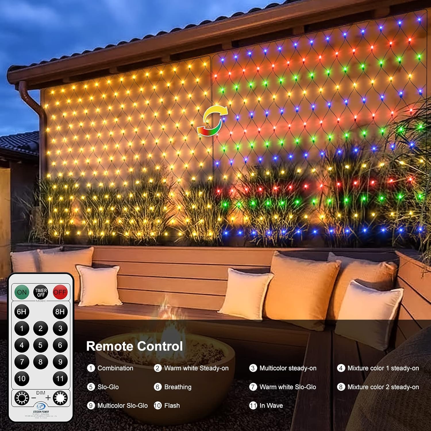 Solar Net String Lights - 15 x 5ft Outdoor Mesh Lights with Remote, 4-Color Warm White Multi-Color Changing for Outside Yard Fence Decor