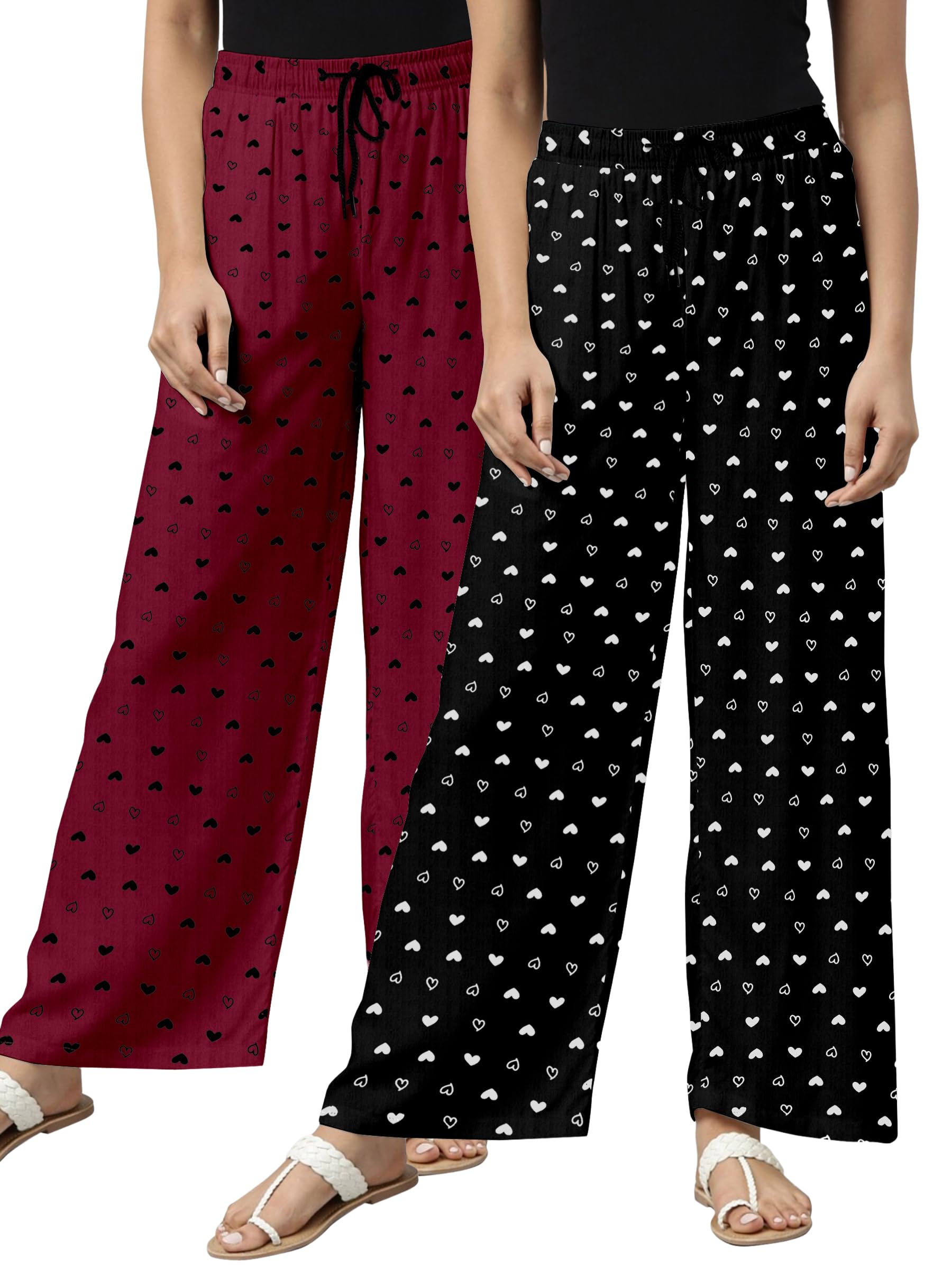 Women Printed Palazzo Pants Pack of 2 | Soft Comfortable Elastic Waist Lounge Pants for Women | Wide Leg Relaxed Fit Nightwear Pajama Bottom for Daily Wear, Sleepwear & Home Wear-picture-38