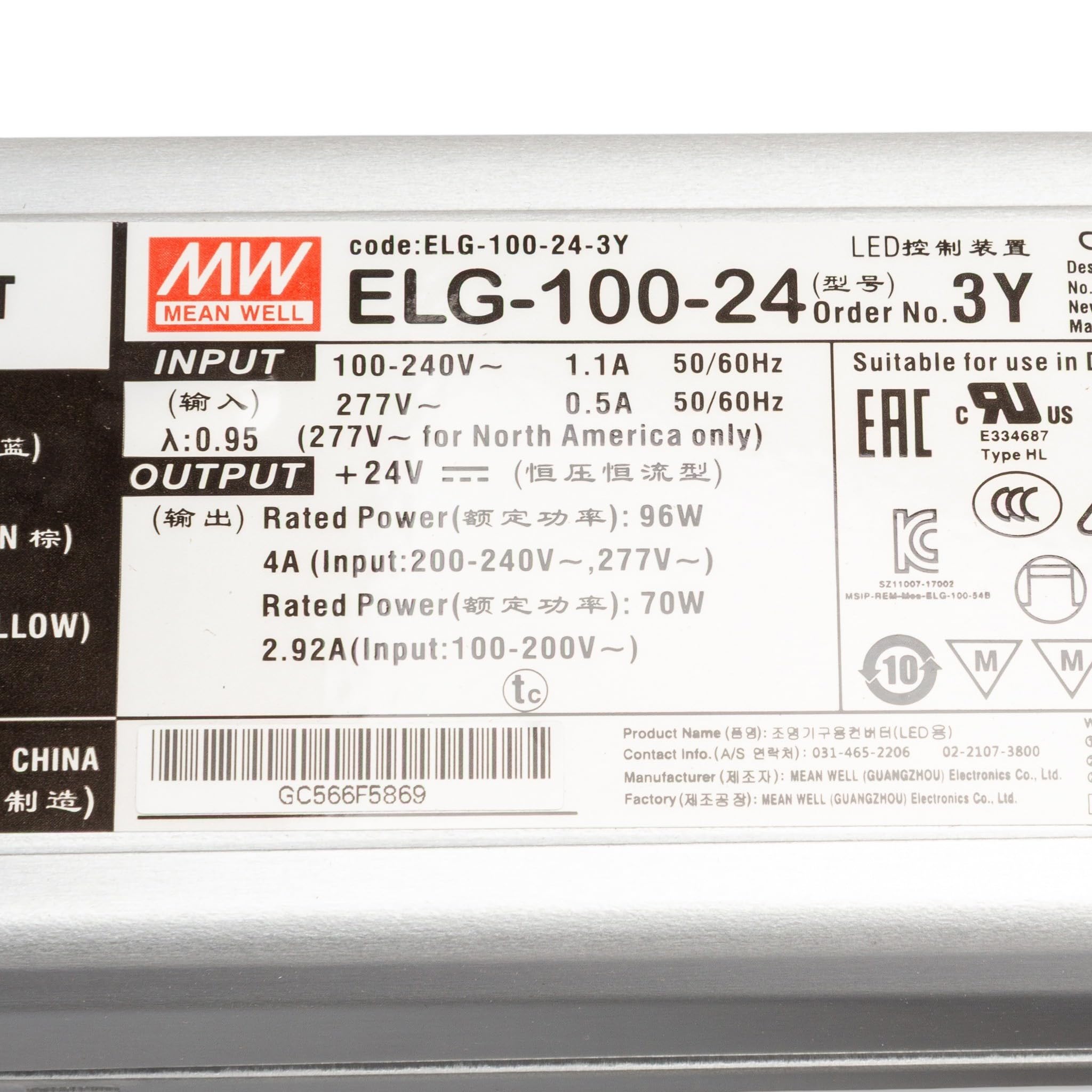 Mean Well ELG-100-24-3Y LED-Trafo, LED-Treiber Konstantspannung, Konstantstrom 96W 4A 24V/DC nein
