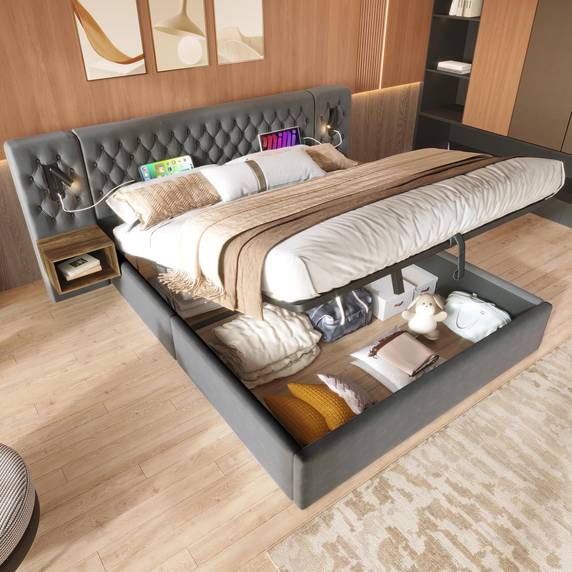 Bettanlage Schlafzimmer Komplett Set,Polsterbett Hydraulisch Stauraumbett Doppelbett mit 2 Nachttischen, Kopfteil Leselicht mit USB Ladefunktion, Samt, Ohne Matratze (Grau/2 Nachttischen, 160x200cm)