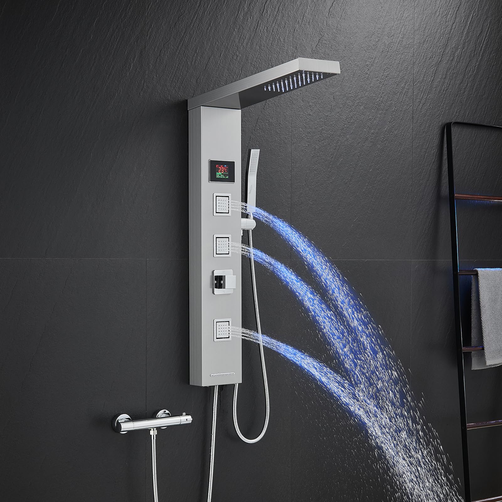 Pannello doccia a LED senza rubinetto, pannello doccia a 4 funzioni, con doccia a pioggia, 3 getti massaggianti, doccetta e beccuccio per vasca da bagno, colonna doccia in acciaio inox 304