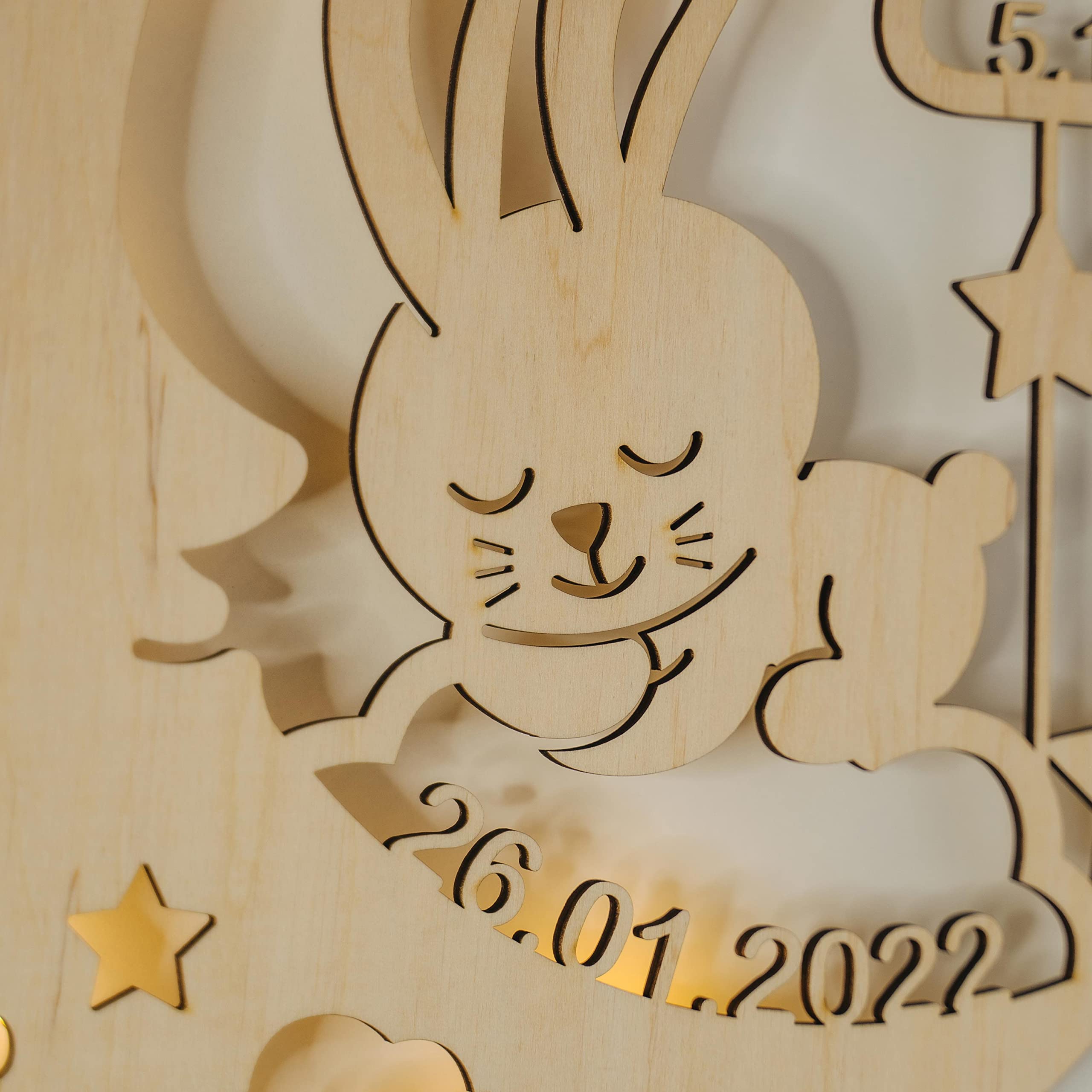 LAUBLUST Veilleuse pour bébés - Cadeau de naissance et de baptême personnalisé pour fille et garçon - Lapin de Lune | Naturel - Éclairage LED et lumière apaisante pour chambre d'enfant | 2 Tailles