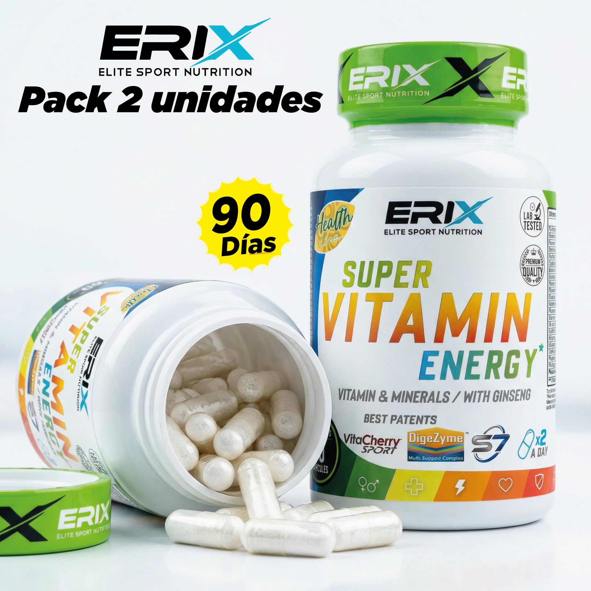 ERIX Nutricion Super Vitamin Energy - Pack Ahorro 2 Botes (180 Capsulas) - Multivitaminico con Ginseng, Cafeina, S7 - Energia y Recuperacion para 90 Dias