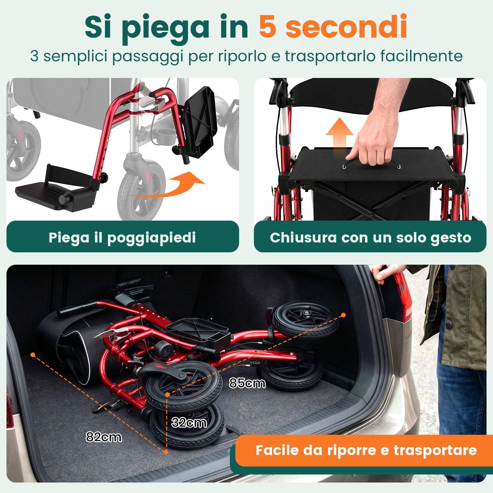 Rollator con seduta 2-in-1, Rollator 4 ruote & Sedia da trasporto, Portata 136 kg, Ruote TPU 8"" anteriori & 10"" posteriori, Doppio freno, Pieghevole, Altezza regolabile, Borsa portaoggetti – Rosso