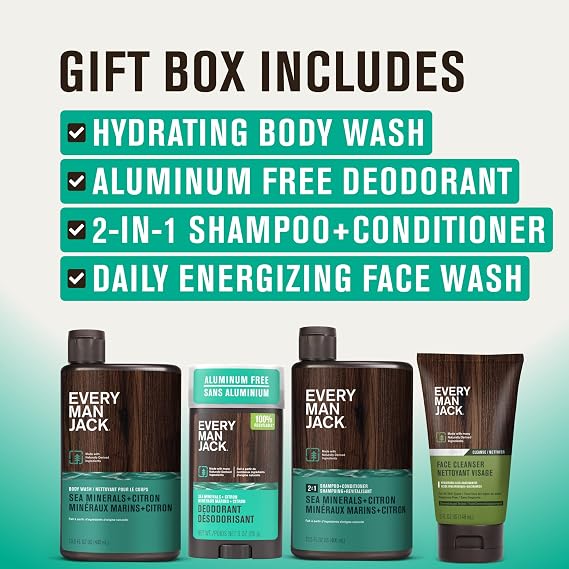 Every Man Jack Men's Bath and Body Gift Set - Sea Minerals + Citron Scent - Clean Ingredients - Includes Hydrating Body Wash, 2-in-1 Shampoo, Aluminum-free Deodorant & Face Wash