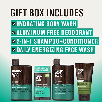 Every Man Jack Men's Bath and Body Gift Set - Sea Minerals + Citron Scent - Clean Ingredients - Includes Hydrating Body Wash, 2-in-1 Shampoo, Aluminum-free Deodorant & Face Wash