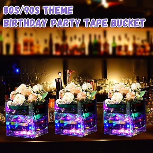 Miniatura 5 de Paquete de 4 decoraciones de fiesta temática de los años 80 y 90, incluye cinta de casete iluminada de los años 80 y 90, centro de mesa y decoración