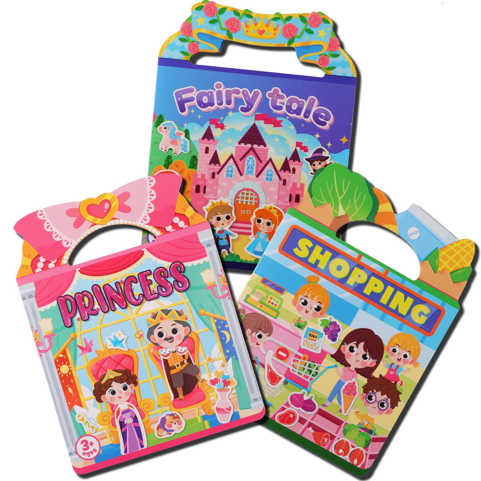 3 Pack Sticker Books,Reusable Sticker Book for 3+ Years Old Plane Activities for Toddlers Boys and Girls (Shopping+Princess+Fairy Tale)