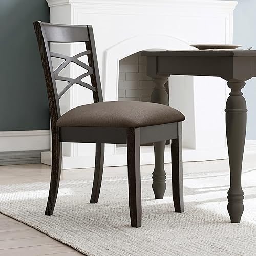 Miniatura 2 de Leick Home 10184-GSMH - Silla de comedor de madera con respaldo cruzado doble, juego de 2, piedra gris con asiento jaspeado musgo