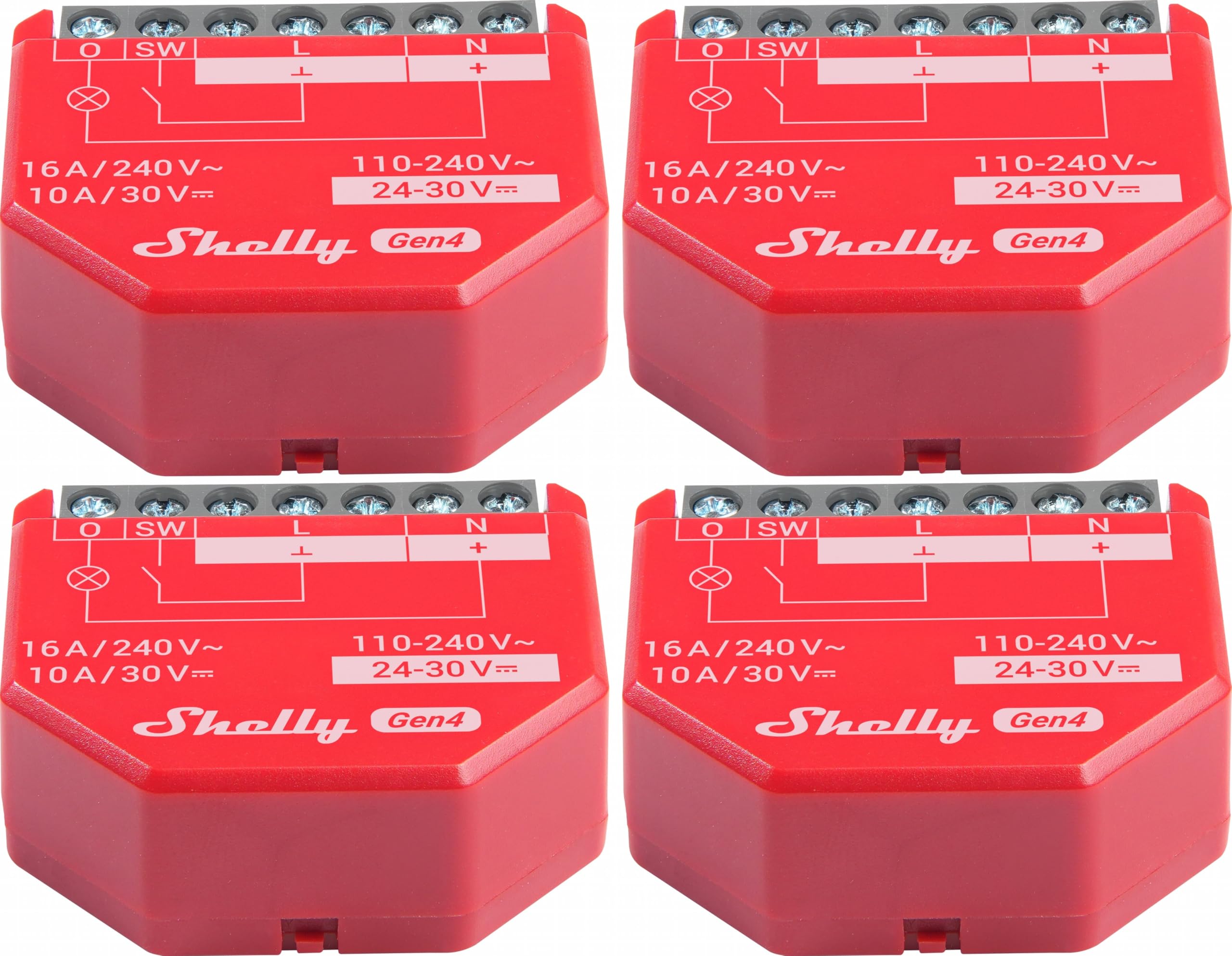 SHELLY Relais 1PM Gen4, 16 A, WLAN, Bluetooth, rot, 4 Stück
