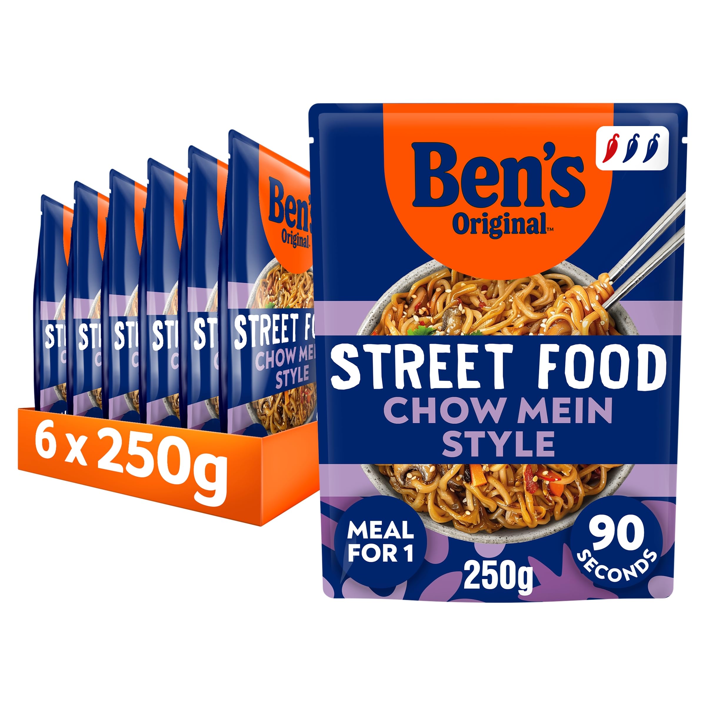 Ben's Original Street Food Chinese Chow Mein ready in 90 seconds Noodles Ready Meal serves 1 multipack 6x 250g
