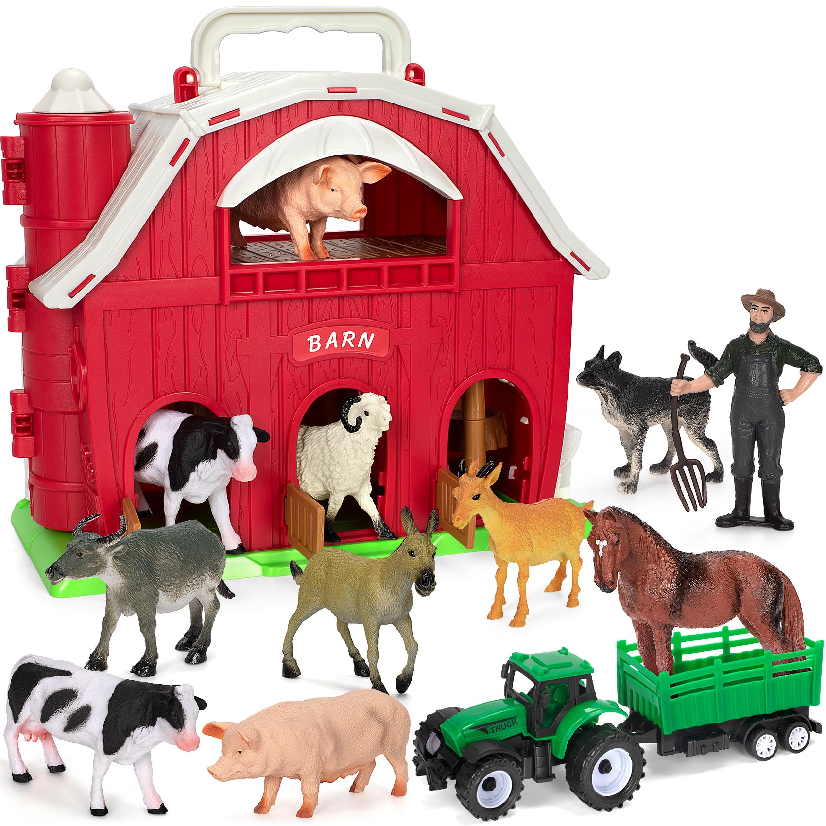 Farm Animals Toys for 1 2 3 4 5 Year Old Toddlers Girls Boys, Big Red Barn Farm Playset with Figures Animals and Tractor Toy for Kids 3-5, Educational Learning Toys, Christmas Birthday Easter Gifts