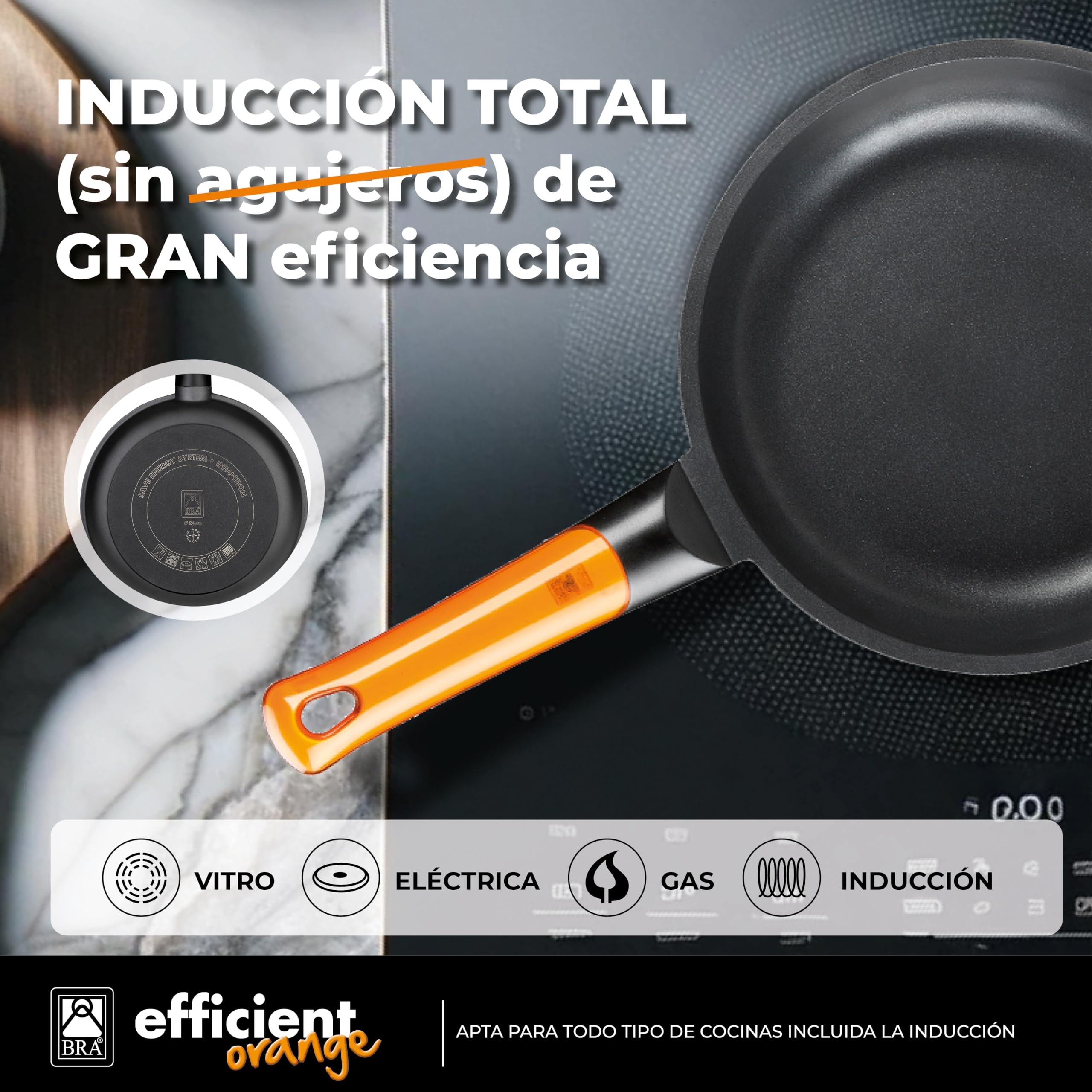 BRA Efficient Orange | Set di 3 Padelle di Alluminio fuso, 18/22/26 cm di Diametro, antiaderente e 100% Senza PFOA, per Tutti i tipi di piani cottura, Adatte per Lavastoviglie