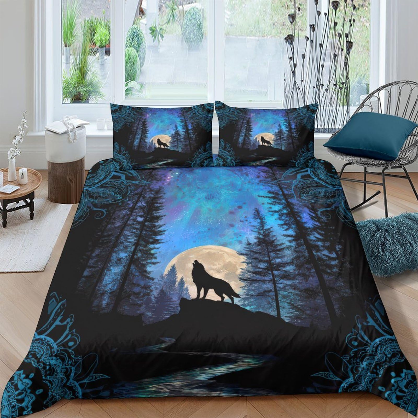 Ctjqhvkz Style-3 3D Printed Forest Wolf Fitted Sheet Microfiber Soft Blue Moon Mattress Cover For Bedroom Guest Room Dorm Decor Single（135X200cm）