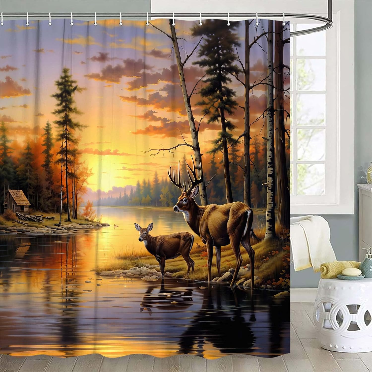 Elk Shower Curtain,Autumn Pine Forest Deer Hunting Scene Bathroom Decor,Wild Animal Stream River Cabin Fall Sunset Polyester Bath Curtains with 12 PCS Hooks,70X75IN