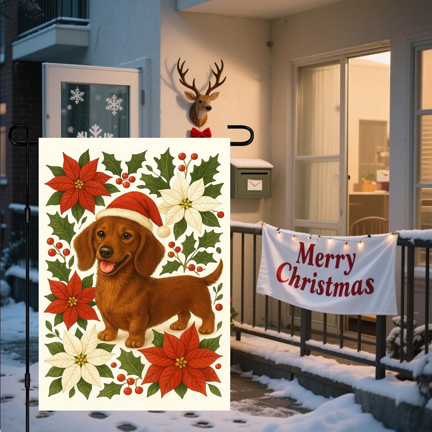 Christmas Garden Flag 12x18 Inch Merry Christmas Dachshund Dog Outdoor Flag Double Sided Holiday Yard Banner with Santa Hat Poinsettias and Holly Berries for Porch Lawn Patio - Image 6