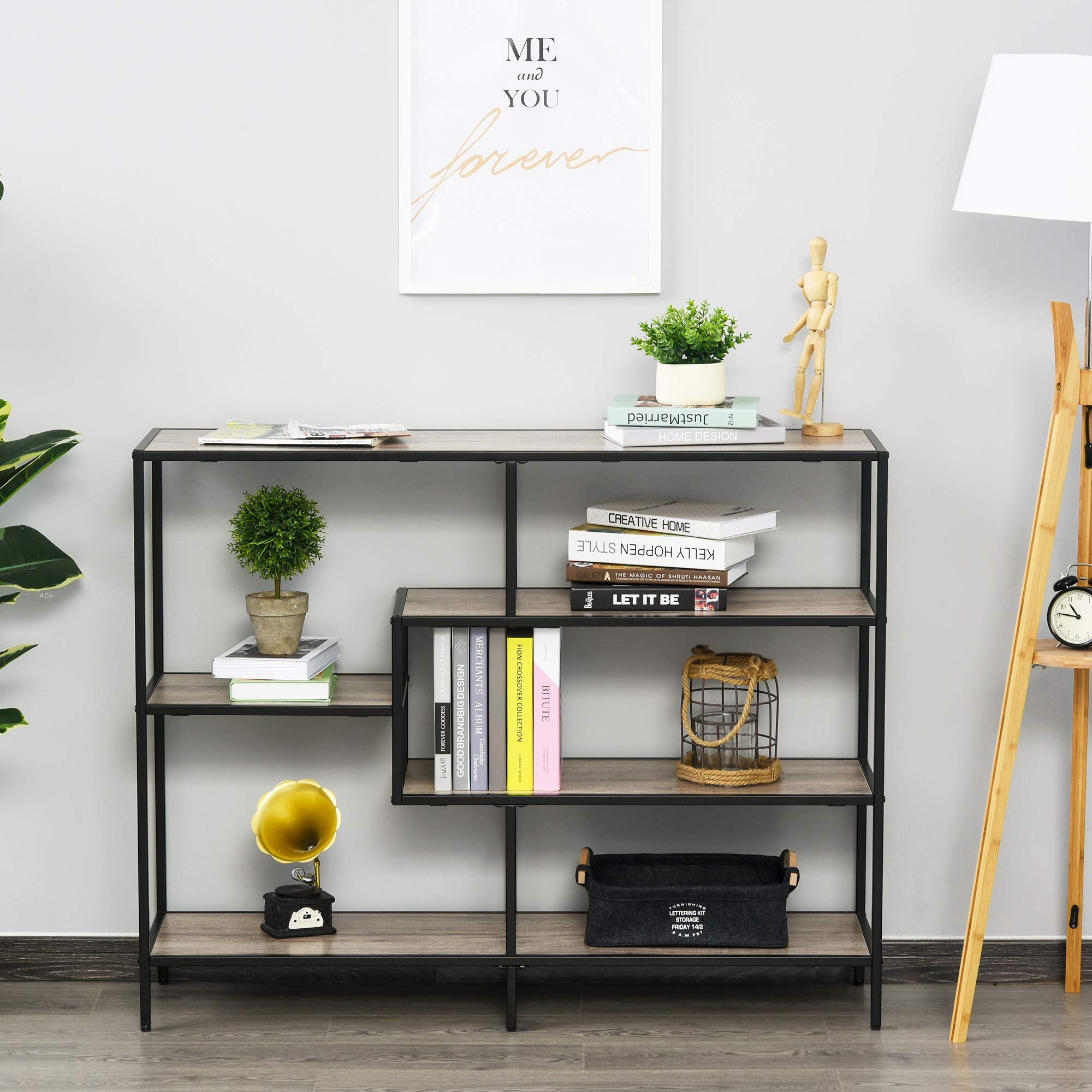 HOMCOM Estantería librería asimétrica estilo industrial 120 x 32 x 95 cm negro | Madera y Metal