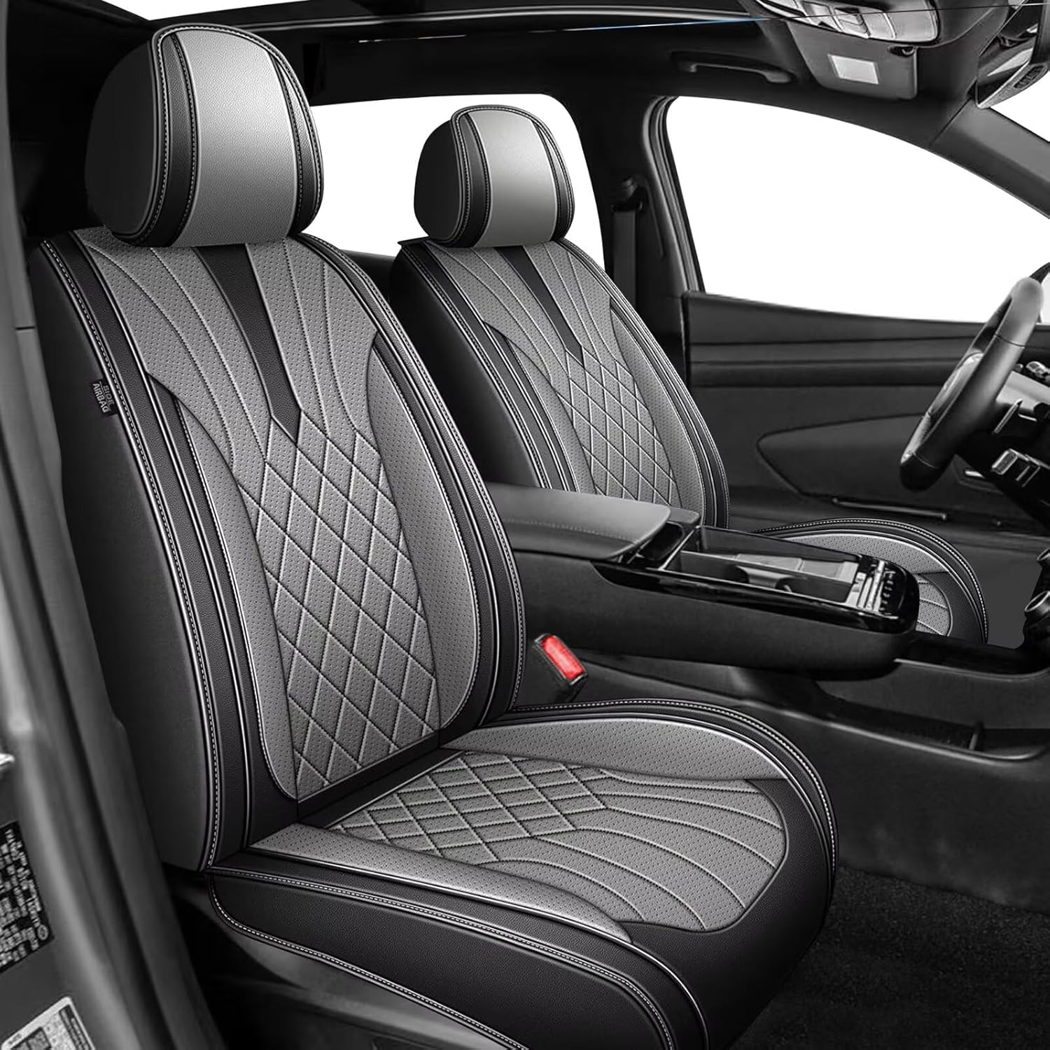 Full Set Car Seat Covers for Hyundai Tucson 2005-2025 2026: Breathable Perforated Leather Seat Cover (Black & Grey)