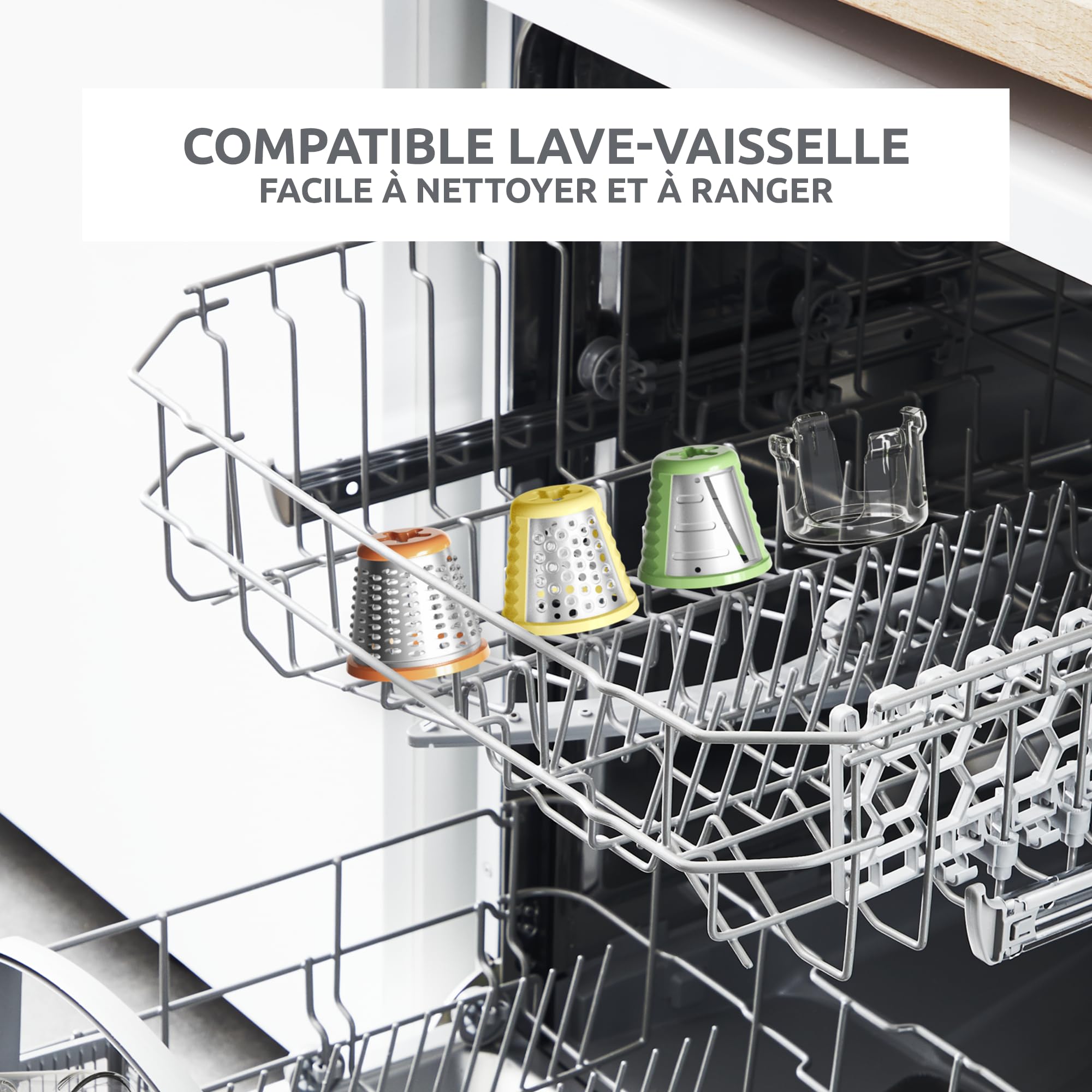 Moulinex Fresh Express Découpe-légumes 5-en-1, Tranche, Emince, Râpe, Large tube d'alimentation, Cône avec code couleur, Fabriqué en France DJ755G10, Rouge, Blanc