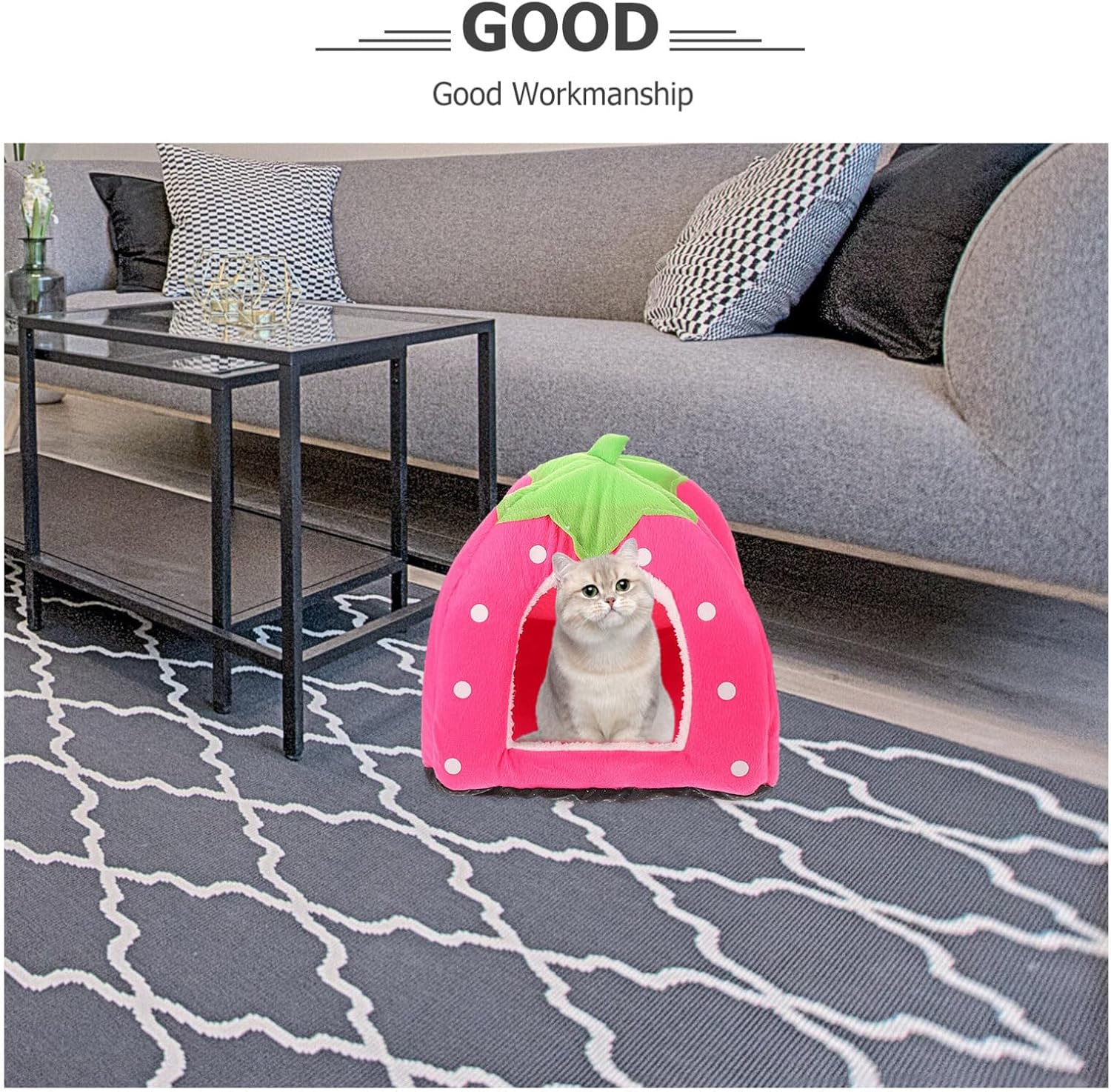 review Plush Pet Bed yurt Tent Pet Warm House cat Bed Detachable Pet Bed Strawberry nest Dog House Bed Pet Bed -Slide Pet Bed