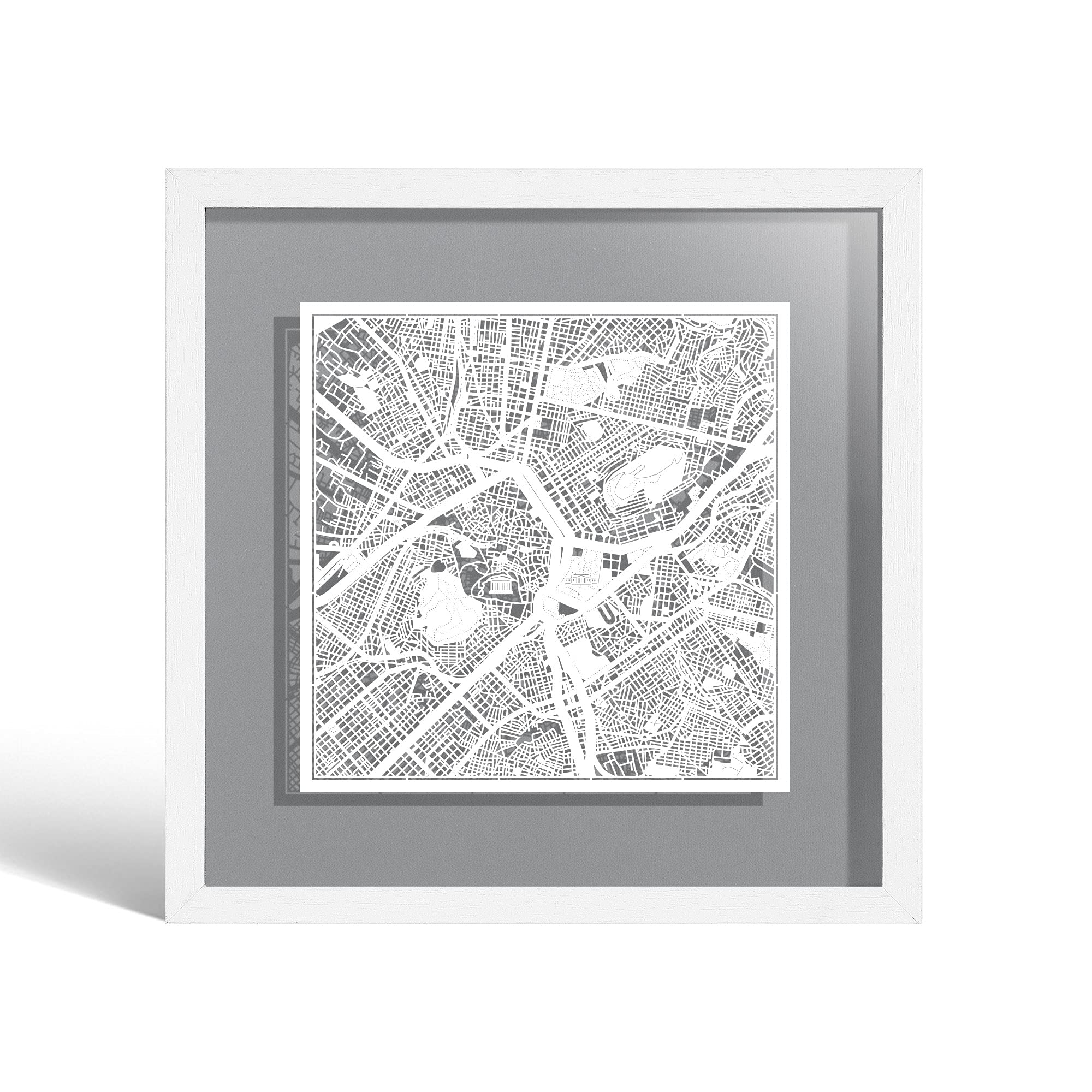 O3 DESIGN STUDIO Athens Paper Cut Map framed, White map, White frame, 23x23 cm, Gift Boxed, 4 background color, self-changing, Paper Art