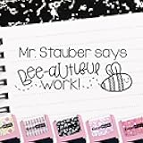 Personalized Teacher Stamps for Classroom - Custom Stamps for Grading - Puns of Praise with 12 Stylish Mount Patterns (Pink Mount, Bee-autiful Work)