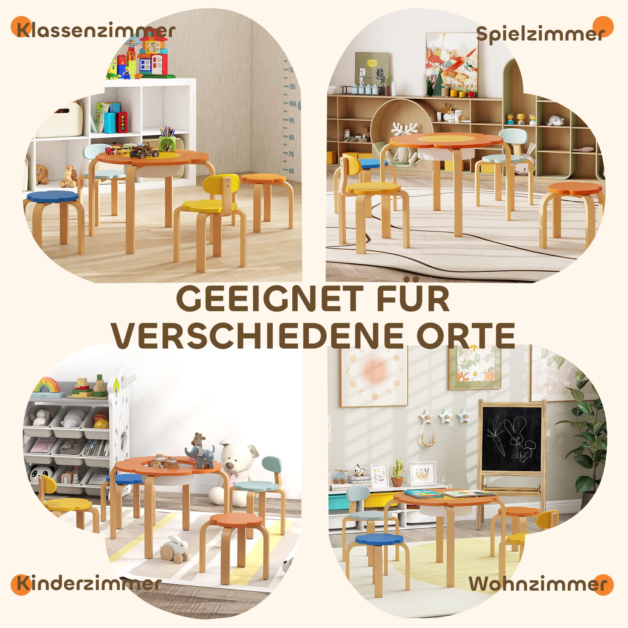 AIYAPLAY Kindersitzgruppe Kindertisch mit Stauraum 5-Teilig Holz Bunt