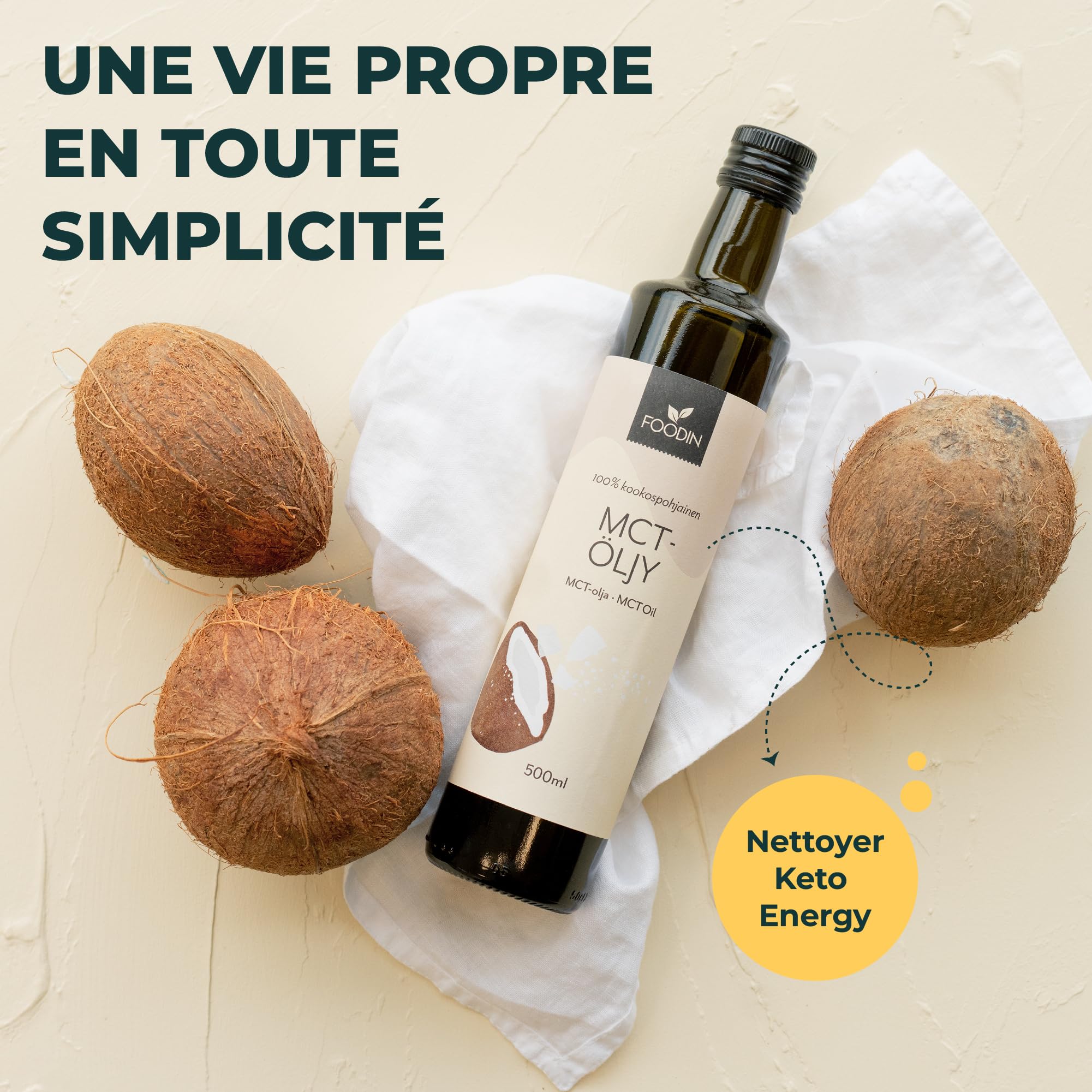 FOODIN Huile MCT 100% Huile de Coco,Triglycérides à Chaîne Moyenne (MCT), Sans Gluten & Végétalienne, de Coco Pure pour Athlètes, Idéale pour Régimes Cétogènes & Bienfaits Santé, 2 x 500 ml