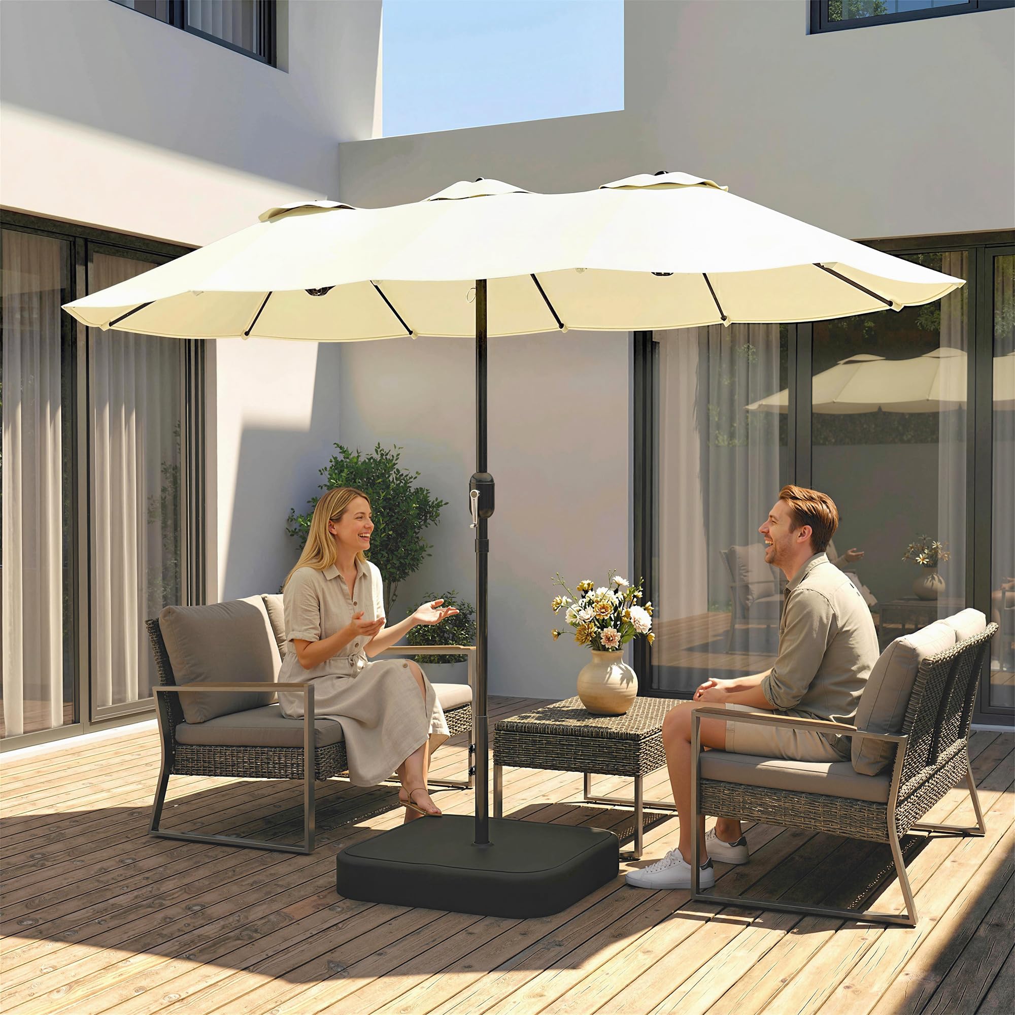 Outsunny Ombrellone Doppio da Giardino 3x1.5 m con Base a Croce, Sacchi di Sabbia, Ombrellone da Esterno Rettangolare con Manovella, 12 Stecche, UV 50+, per Patio Terrazzo Balcone
