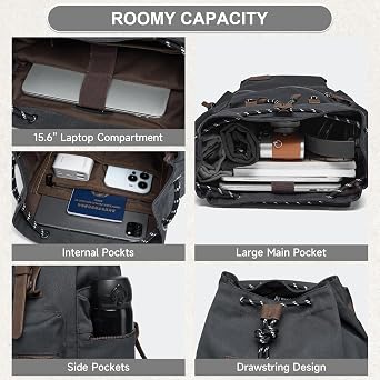 MOYYI Canvas Backpack for Men, Vintage Rugged Drawstring Rucksack for 15.6inch Laptop, Everyday Bag for Casual Hiking Travel