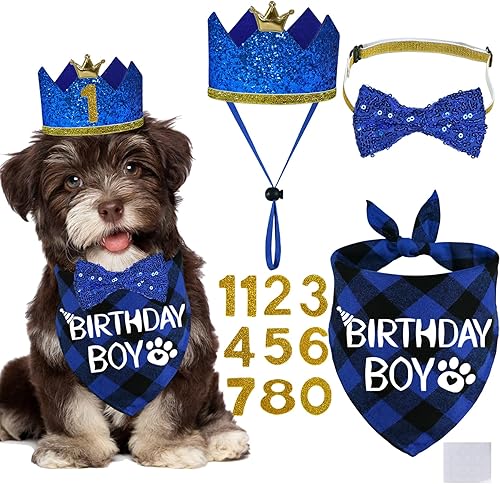 STMK Suministros para fiesta de cumpleaños para perros, sombrero de cumpleaños de perro de varios tamaños con números, bandana para cumpleaños de