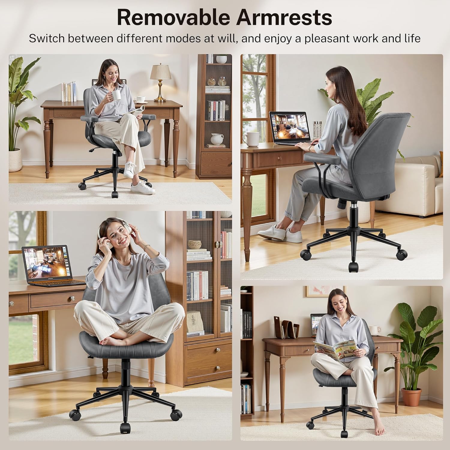 HeroSet Leather Office Chair with Removable Armrests, Mid Back Ergonomic Desk Chair with Lumbar Support, Adjustable Height Rocking Swivel Executive Chair for Home Office, Dark Gray