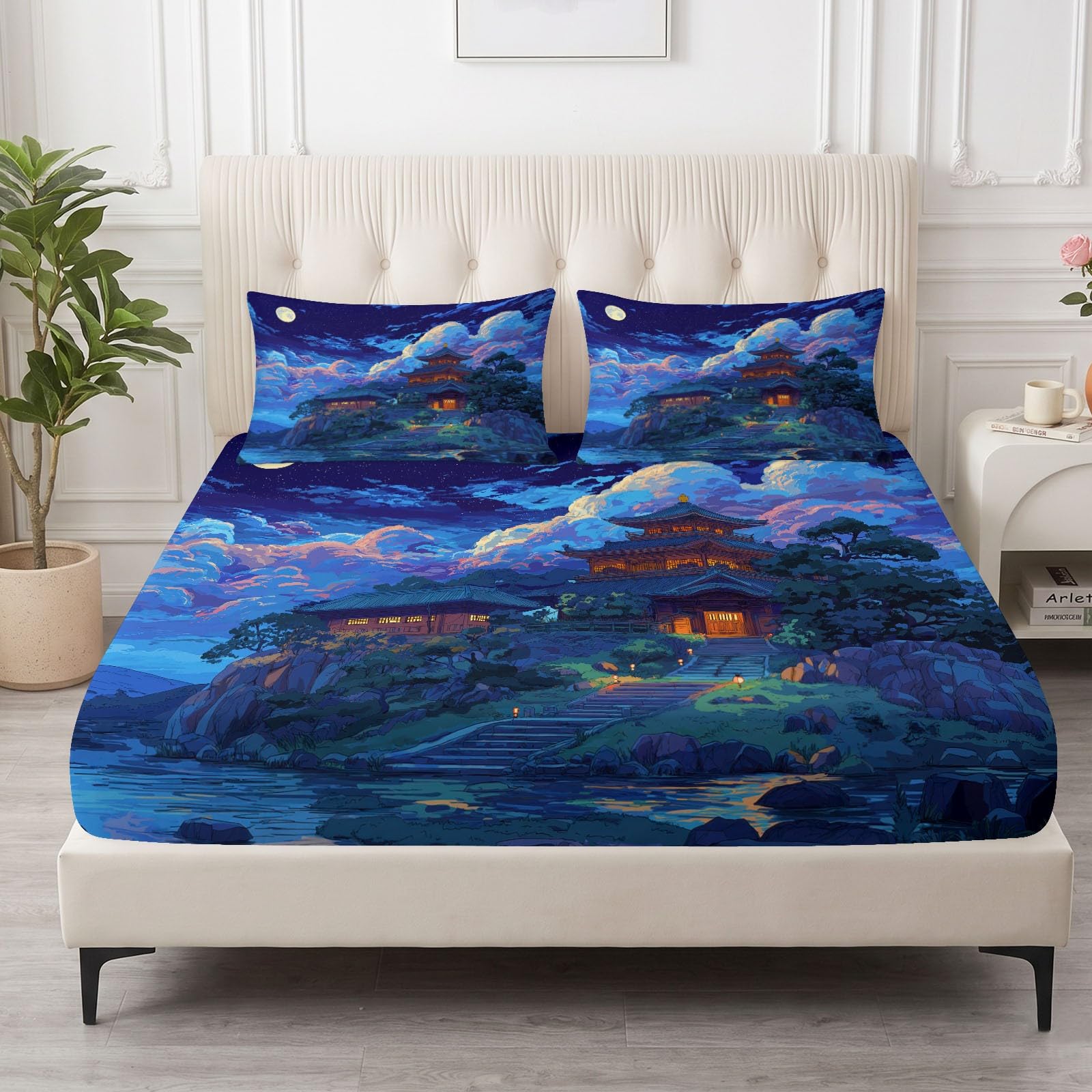 Sábana bajera ajustable de microfibra suave estilo japonés anime 180 x 200 cm, para niños y adolescentes, resistente a la decoloración, con bolsillo profundo de 30 cm, color azul