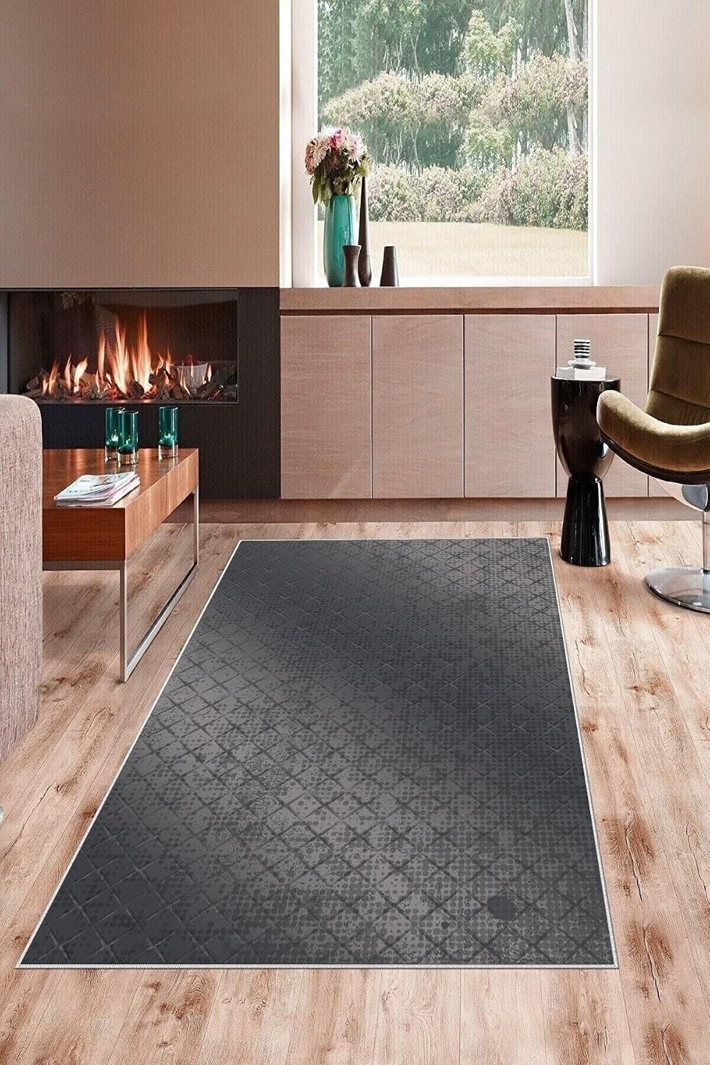 Pelangi Gri Baklava Desen Yıkanabilir Kaymaz Taban Leke Tutmaz Modern Salon Halısı Ve Yolluk, Antrasit 60 x 120, 13583046012005