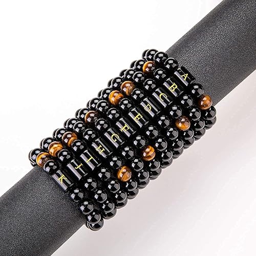 Miniatura 5 de FRG Initials Bracelets for Men Letter Link Handmade Natural Black Onyx Tiger Eye Stone Beads Braided Rope Meaningful Bracelet
